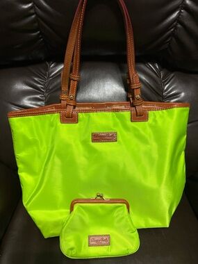 Dooney & Bourke Neon Lime Tote with Brown Trim and Coin Pouch